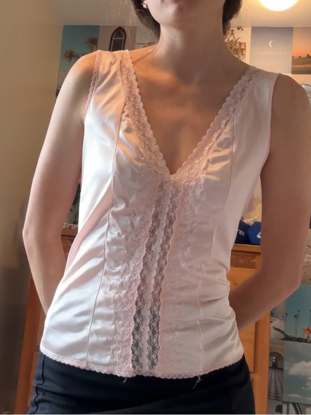 Vintage Light Pink Lace-Trim Satin Tank Top